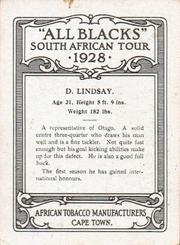 1928 African Tobacco Manufacturers All Blacks South African Tour #NNO David Lindsay Back